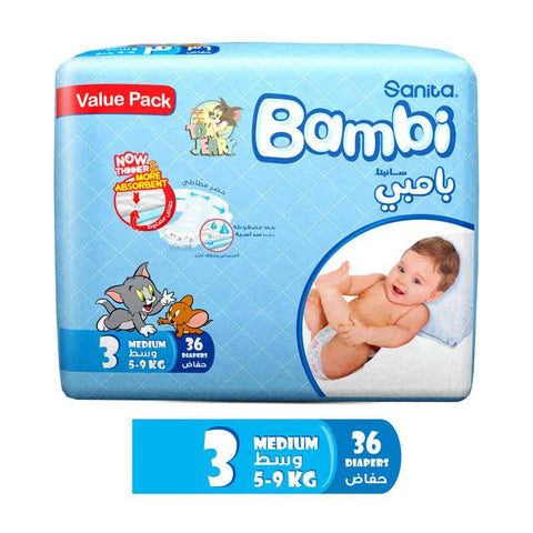 Sanita Bambi -  Baby Diapers Value Pack Size 3, Medium, 5-9 KG, 36 Count
