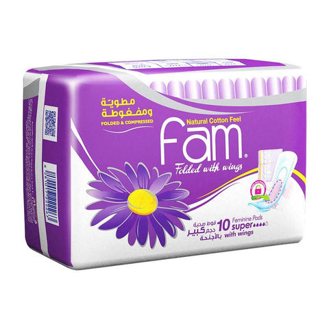 Fam - Natural Cotton Feel, Maxi Thick,Folded with wings, Super Sanitary Pads,10 pads