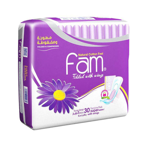 Fam - Natural Cotton Feel, Maxi Thick, Folded with wings, Super Sanitary Pads,30 pads