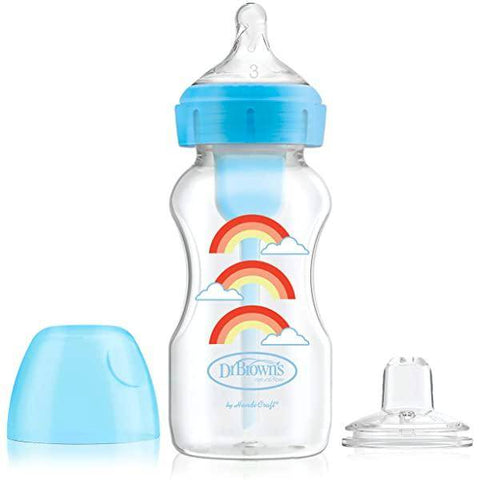 Dr. Browns - 9 oz/270 ml PP Wide-Neck Options+ Blue Rainbows Bottle w/ Sippy Spout (+L3 Nipple in Bottle), 1-Pack
