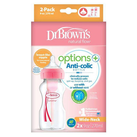 Dr. Browns - 9 oz/270 ml PP Wide-Neck Options+ Bottle, PINK, 2-Pack