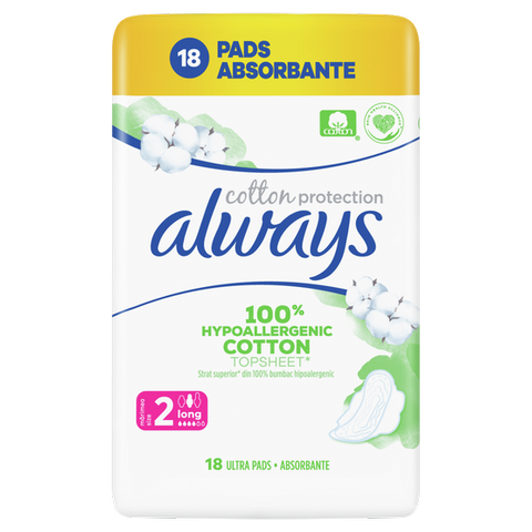 Always -Pure Cotton Protection, Ultra Thin, Long Sanitary Pads with Wings, with 100% Hypoallergenic Cotton Top Sheet