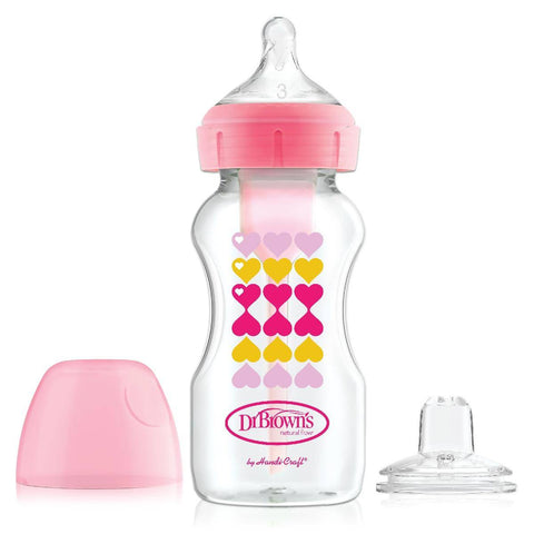 Dr. Browns - 9 oz/270 ml PP Wide-Neck Options+ Pink Hearts Bottle w/ Sippy Spout (+L3 Nipple in Bottle), 1-Pack